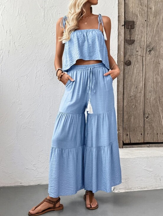 Pants - 🌸Blue Ruffle Cami Top and Wide Leg Pants Set